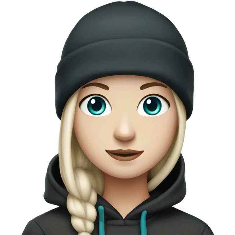 White girl, black hoodie, teal hair, purple beanie hat, blue eyes emoji