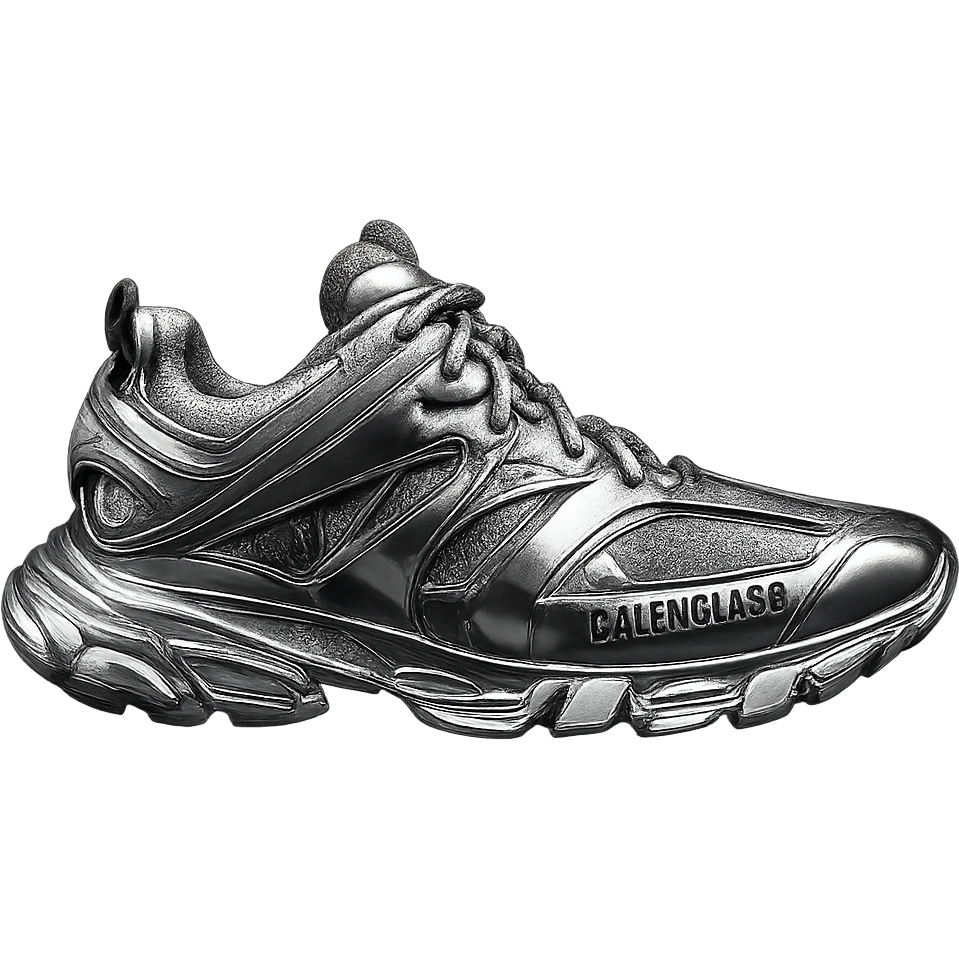 Balenciaga Track sneaker, side view, chrome metallic look, intricate details, simple background emoji