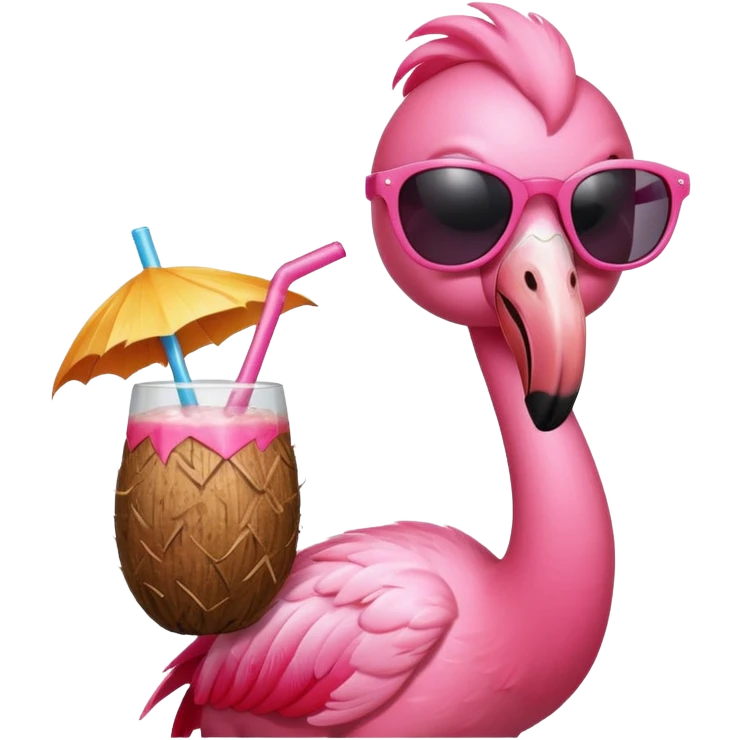 flamingo with sunglasses and a coconut drink emoji