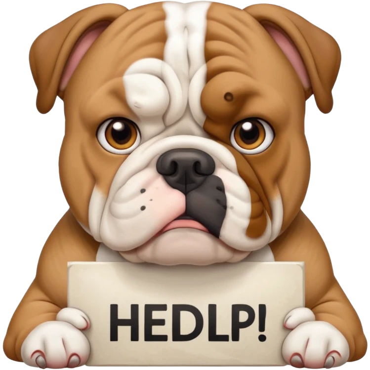 english bulldog holding a sign that says 'need help', looking concerned emoji
