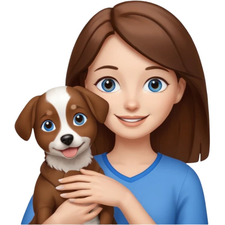 Blue eyes brown haired woman holding a brown and white dog emoji