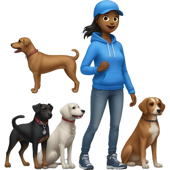 Dog walker in blue hoodie, jeans, blue baseball cap with eight dogs at heel on her left side emoji