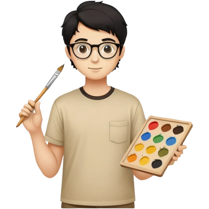 Reliable young painter with round glasses, wavy black hair, beige art shirt, with square paintbrush emoji