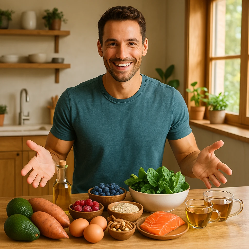 a healthy, smiling man in a sunlit kitchen with wooden accents, surrounded by avocados, sweet potatoes, olive oil, berries, quinoa, eggs, leafy greens, nuts, salmon, and herbal teas, gesturing toward his favorite foods, vibrant and modern lifestyle photography emoji