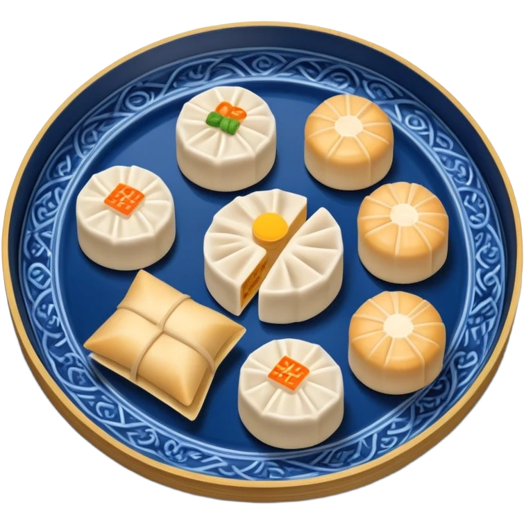 Warms Dim Sum pieces on a dark blue porcelain tray emoji