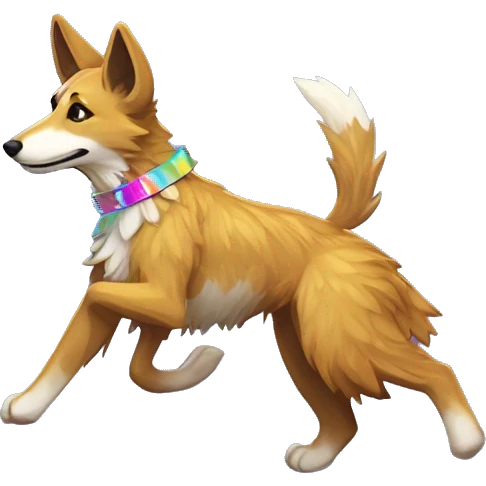  brindle fluffy lurcher Alsatian fox running blue eyes fluffy ears and iridescent holographic oilslick harness wearing paper iridescent tropical flower crown yellow caution tape neon sign emoji