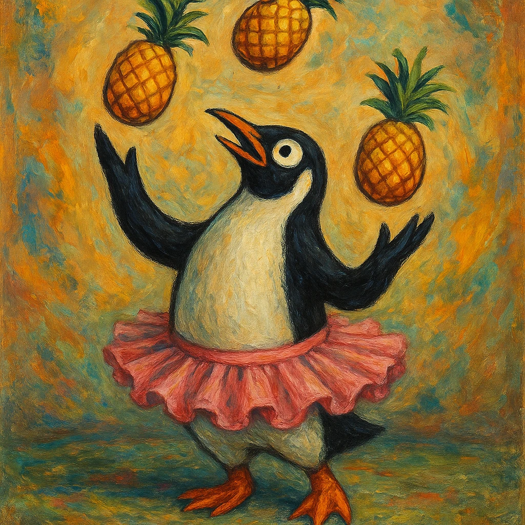 absurd surreal style penguin wearing a tutu juggling pineapples emoji