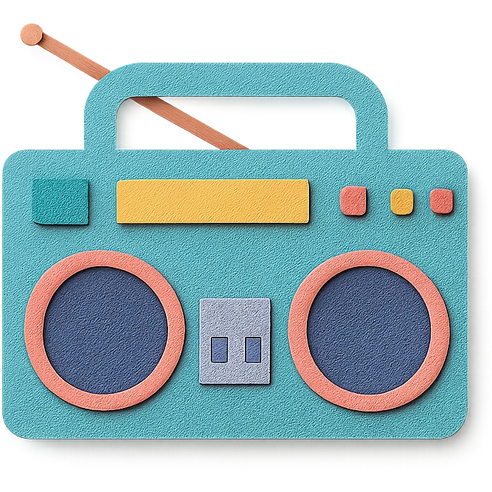 modern boombox with simple shapes and playful colors, paper-craft style emoji
