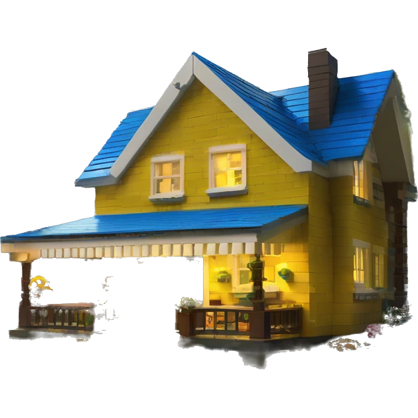  very very big Lego Cabin near a big tree.  Thick moss growing on the roofs. grass fields. porch lights turned off. bright white interior lights turned off. guests sitting in chairs on the porch, flowers and bushes are yellow and blue. emoji
