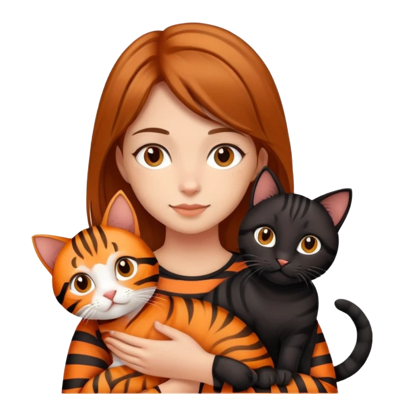 tan brown-haired girl holding two cats, one black cat and one orange tiger-striped cat emoji