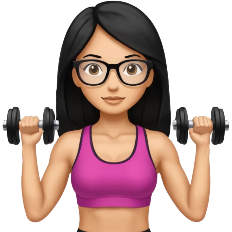 Mujer fitness usando mancuernas con lentes y cabello largo negro emoji