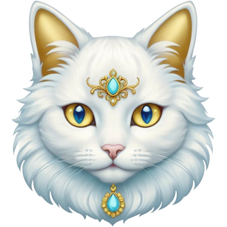 White Cat art nouveau with gold and cyan jewelry and heterochromatic blue and yellow eyes  emoji