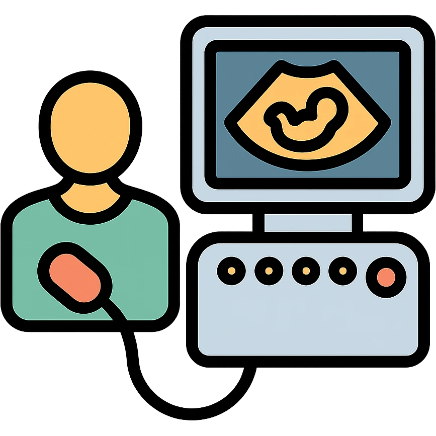 ultrasound machine, color outline icon style, with patient silhouette emoji
