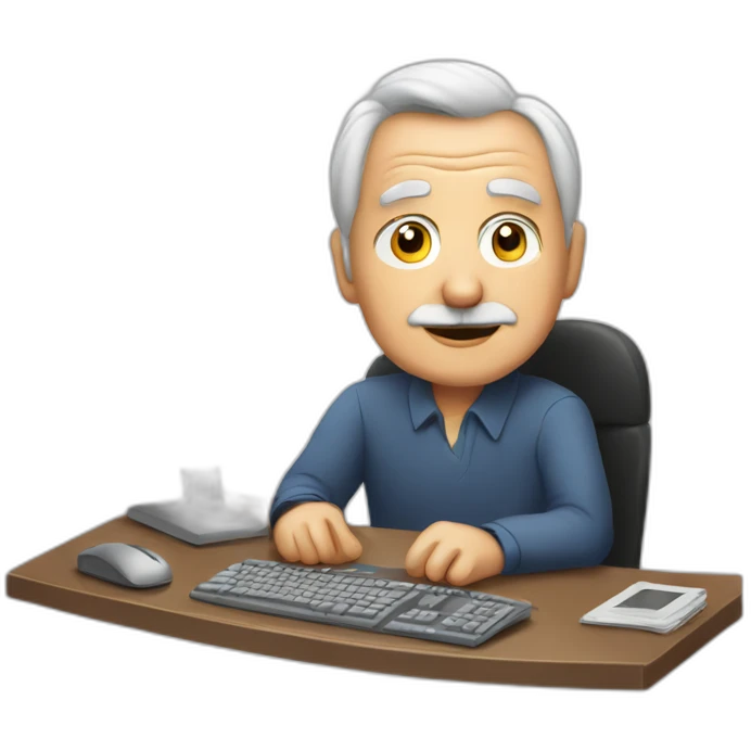 old man sitting at desk with 3 monitors emoji