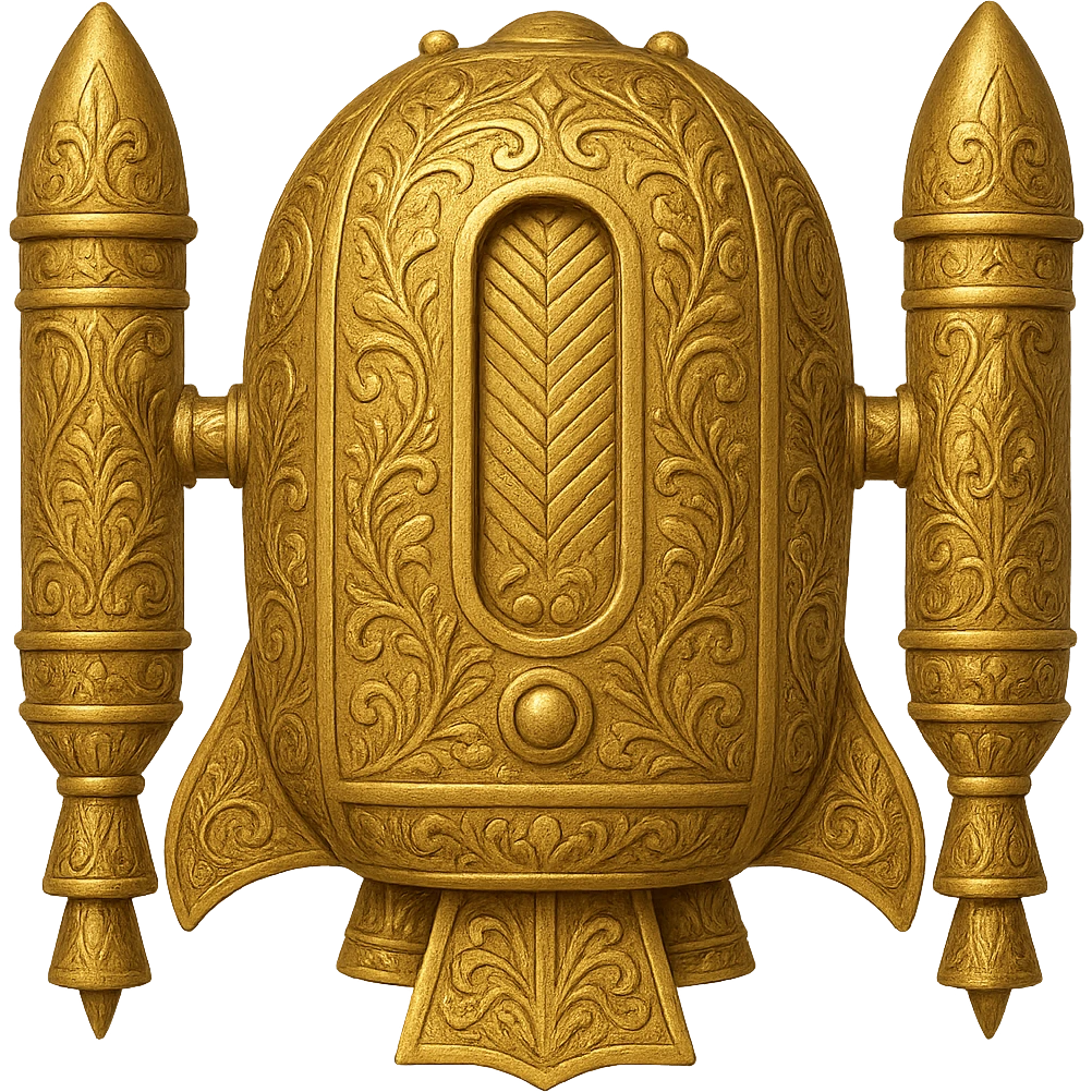 Create a gold ancient wide jetpack with rocket projectiles on both sides, back view, no fire, with engraved patterns in the style of apple emojis. Make it a variant with more ornate engravings and a rounder jetpack body. No background. emoji