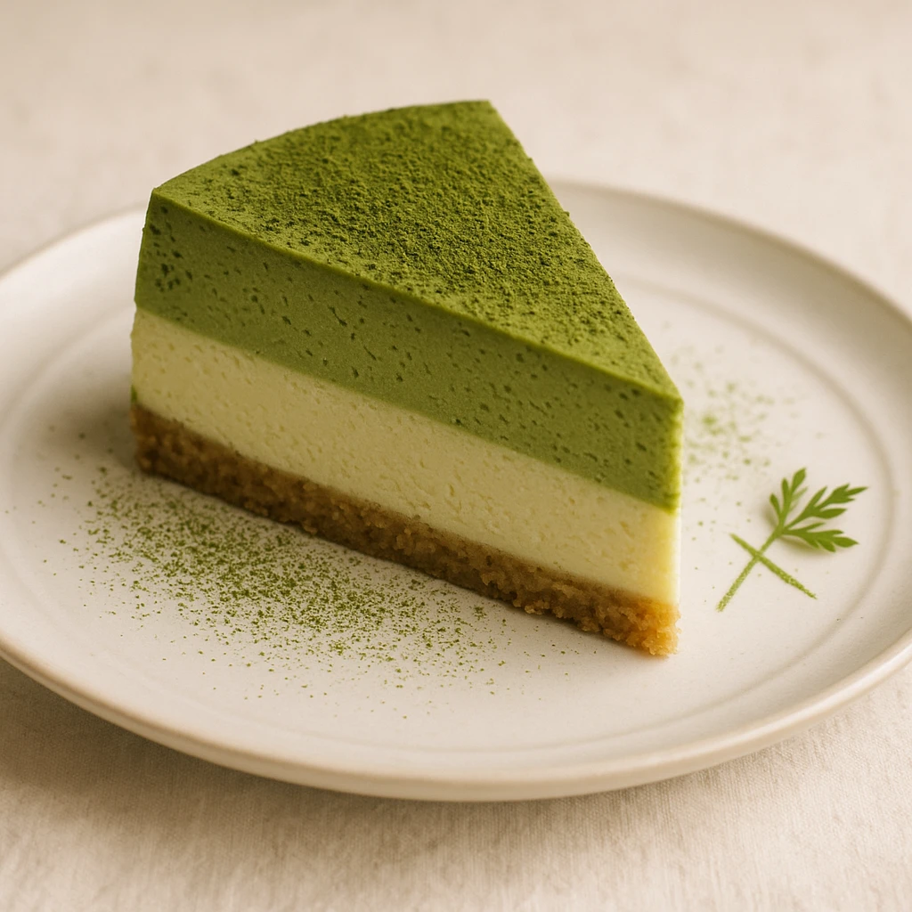 a matcha cheesecake slice with visible layers, matcha powder sprinkled on top, elegant presentation emoji