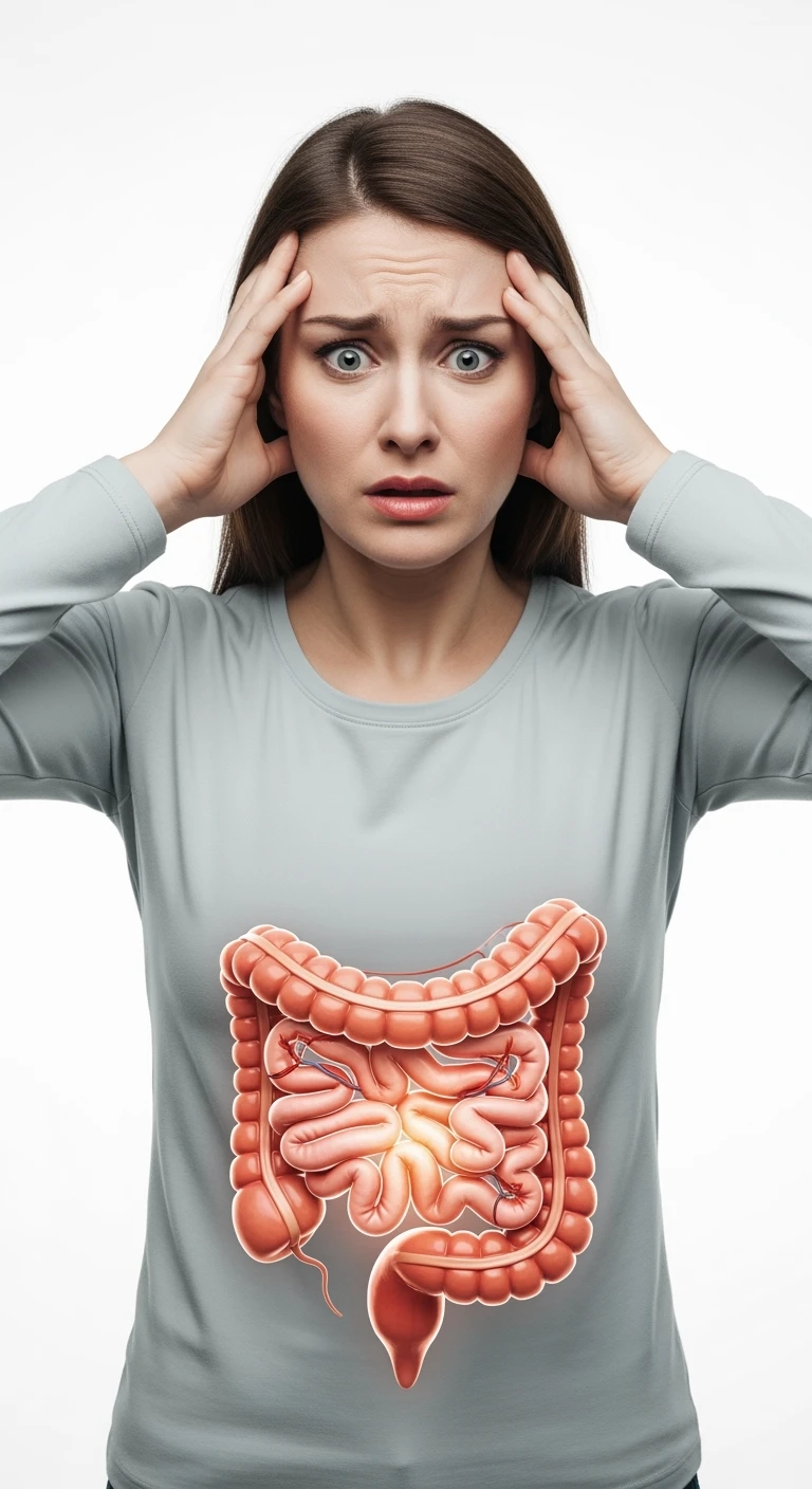 DONNA ANSIOSA CON INTESTINO UMANO ANATOMICO REALISTICO VISIBILE, SI TIENE LE MANI SULLE TEMPIE, iperrealistico 4k, SFONDO BIANCO emoji