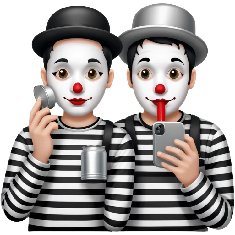 two mimes with white face paint using tin can phone emoji