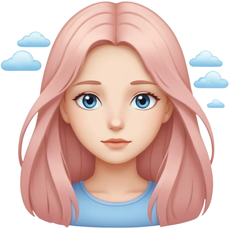 Defined Girl with long thin mid-toned hair, sky eyes, lots of blush emoji