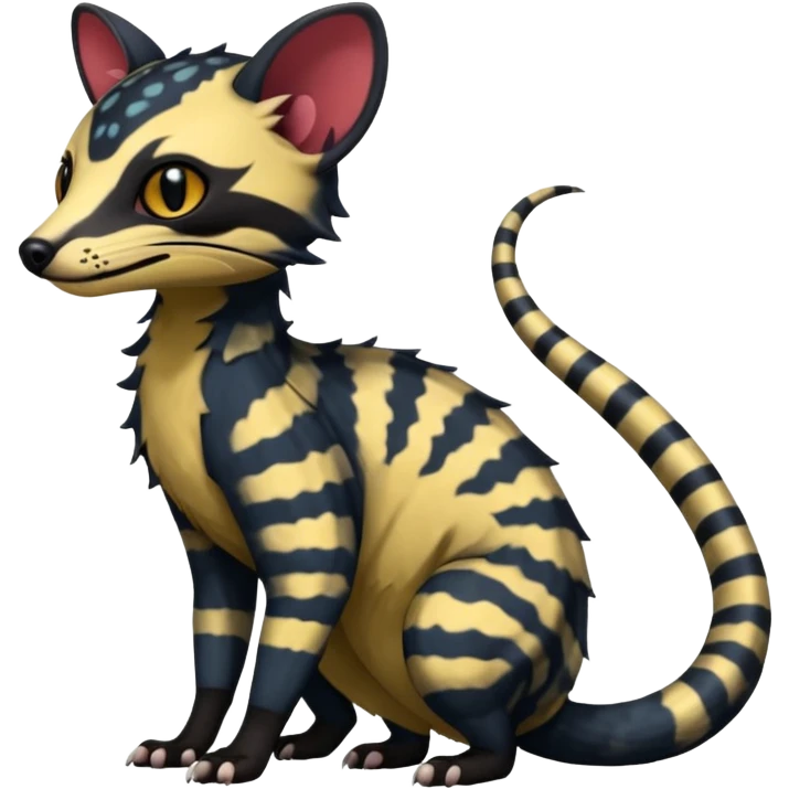 Rare warm-colored exotic edgy cute epic aesthetic spooky dark gothic colorful Genet-Salandit-Civet-species-Fakemon-hybrid-creature, with beautiful intricate markings, full body emoji