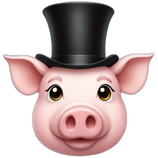 A pig with curls on the side of their Head Wearing a black cylinder hat emoji