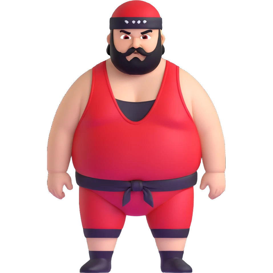 Close-up of morbidly obese white skin guy with young face, prominent BLACK DURAG tied clearly on head, distinct black beard and mustache, no muscle, black eyes in a red and black wrestling singlet with angry face emoji