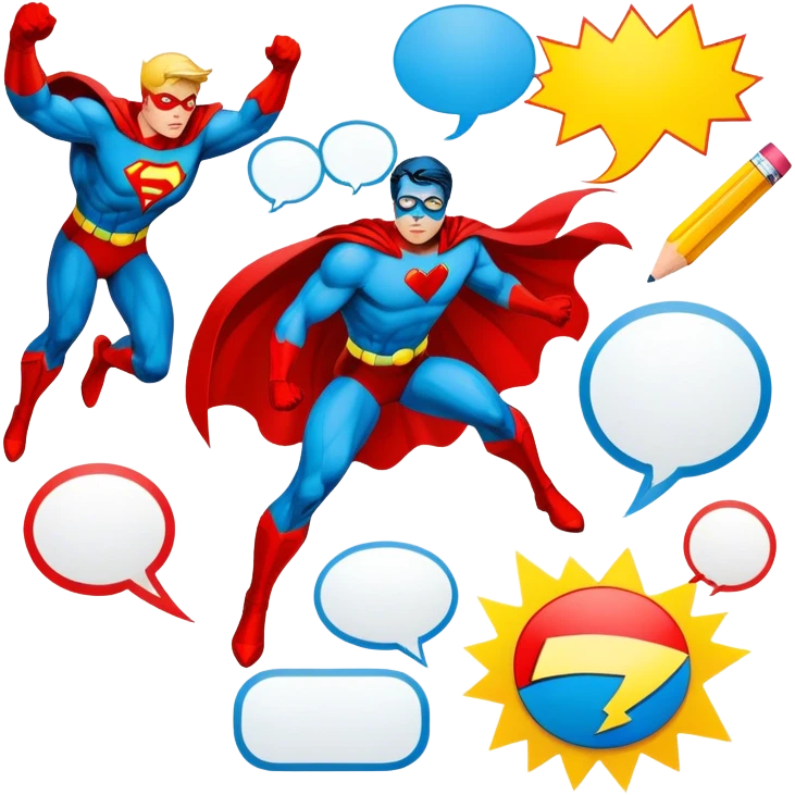 Create a vibrant and dynamic emoji representing comic books and graphic novels as an art form. The design should feature a comic book page with panels and speech bubbles, showcasing bold lines and vibrant colors. Include elements like a pencil or pen, as well as a superhero icon or an action scene to symbolize storytelling through visuals. Use bright, energetic colors like red, blue, and yellow to convey excitement and creativity. The overall design should feel playful, creative, and artistic. Make the background transparent. emoji