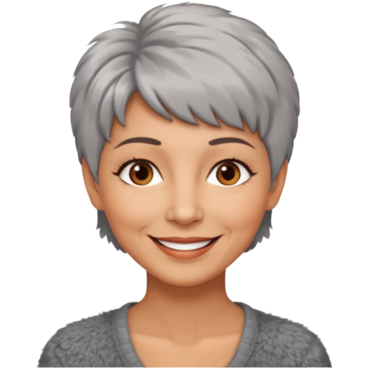 woman 50 years old, short grey fluffy cut hair, tannes skin and brown eyes emoji