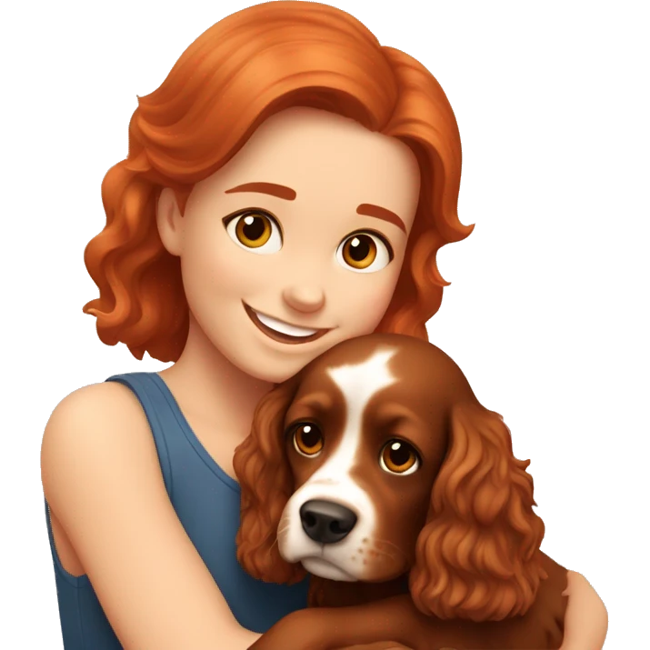 A very cute girl with red hair cuddling a happy brown-bright happy Cocker Spaniel. emoji