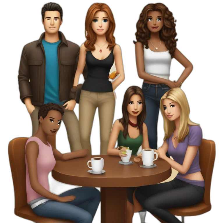 Ross, Rachel, Monica, Chandler, Joey, and Phoebe, all gathered for a coffee at Central Perk emoji
