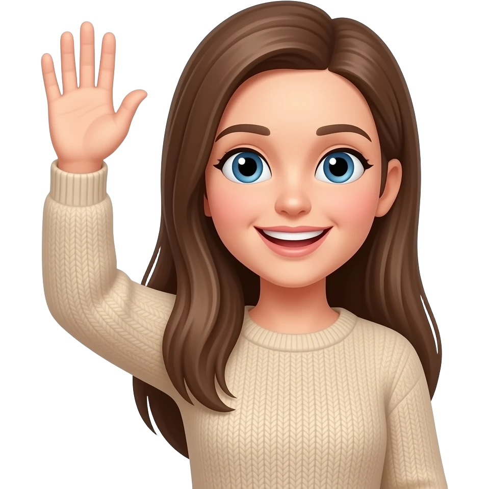 Woman. Long straight Brown hair. Blue Eyes. Beige sweater. happy with a raised hand up high emoji