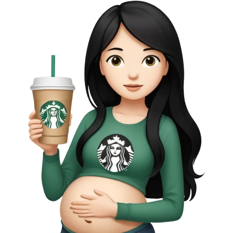 A young girl with long black hair, reaching up to her belly, holds a cup of Starbucks coffee.
 emoji