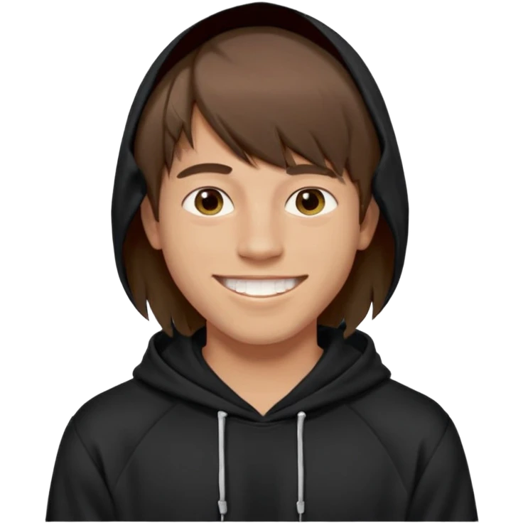 20 yr old man, brown hair, straight, big smile, white teeth, tanned skin, bangs, black hooded sweatshirt, long hair in back, center-parted bangs emoji