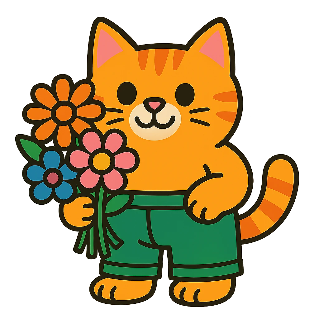 a chubby kitten in pants with a bouquet of flowers emoji
