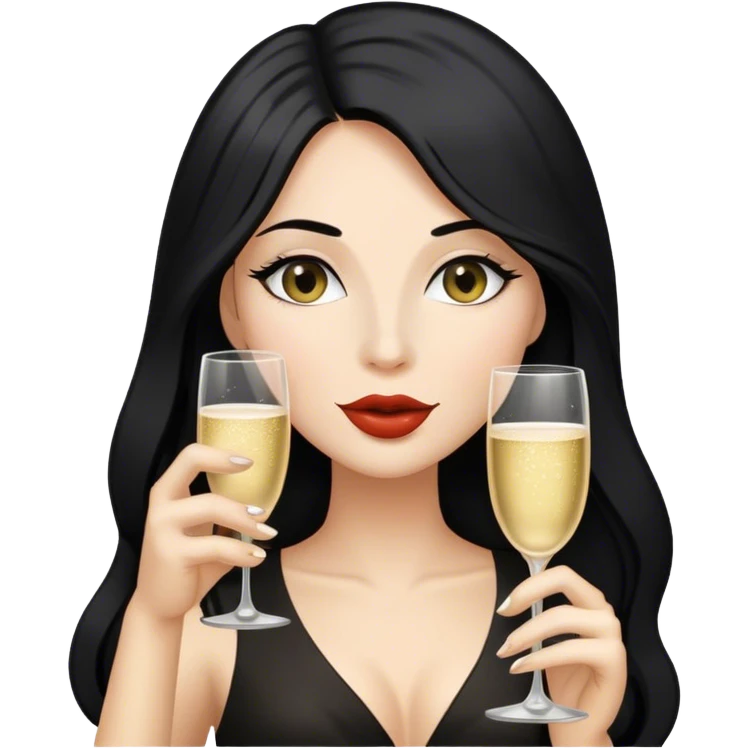 Hyperrealistic woman with black long hair drinks champagne （plain skin color） emoji