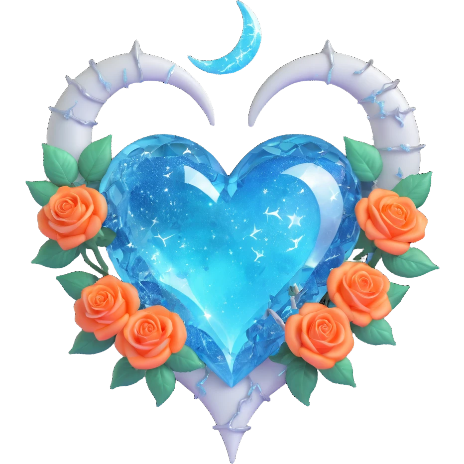 gothic heart made of icy blue glass, silver crescent moon, frosted white roses, holographic stardust, neon cyan lightning, drenched and splintered glass emoji