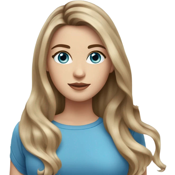 White girl with long voluminoush brown hair with blonde highlights balayage, blue eyes emoji