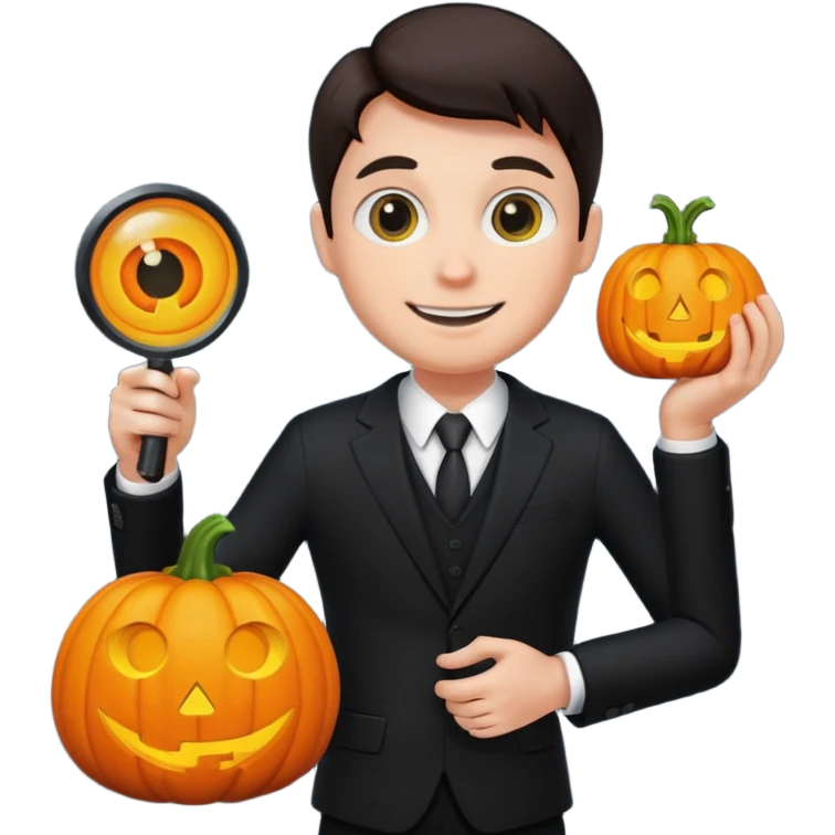 A pumpkin smiling at a magnifying glass (the magnifying glass has a suit thats black, the magnifying glass also has one eye in the middle turn the magnifying glass into a living person give the magnifying glass Normal looking eyes and give it actual arms and legs  emoji