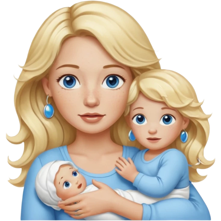 Wavy blonde, white woman with blue eyes, freckles hoop earrings, holding babies emoji