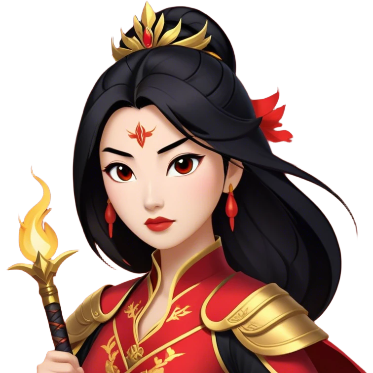 Cinematic Stunning Mulan Portrait Emoji, Fierce yet graceful, flowing raven-black hair, piercing brown eyes filled with determination, adorned in regal red and gold warrior attire, glowing with the strength and beauty of a true heroine, an elegant warrior in her prime! emoji