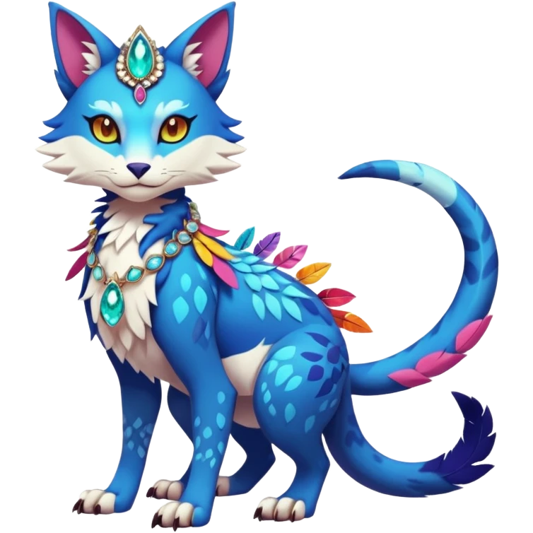 Kawaii cute colorful exotic tropical beautiful pretty elegant divine edgy feline-vernid-sergal-Fakémon-Pokémon-fursona-animal-creature with accessories, jewelries, full body, with intricate detailed markings, feathers, crystals emoji