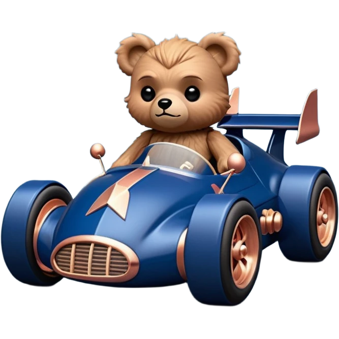 Real-proportional dark blue and rosegold-accented  retro racing car driven by furry-faced small evil alien scary teddy bear with rear spoiler (Star Wars style) emoji