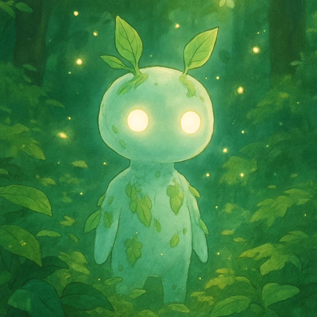 A small, ethereal forest spirit with glowing eyes, surrounded by lush green foliage. The spirit has a translucent body with nature elements like leaves and moss incorporated into its form. Magical light particles float around it, illuminating the misty forest scene in soft, dappled sunlight. emoji