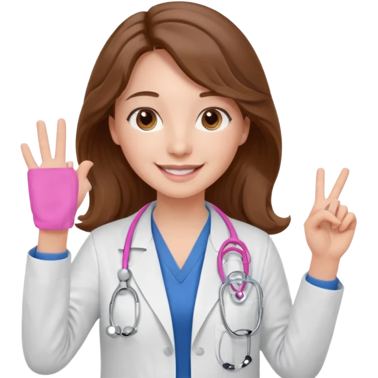 Barbie like emoji of a white woman with brown eyes and long wavy brown hair wearing blue scrubs, white lab coat, pink stethoscope, and raising one hand and a warm smile emoji