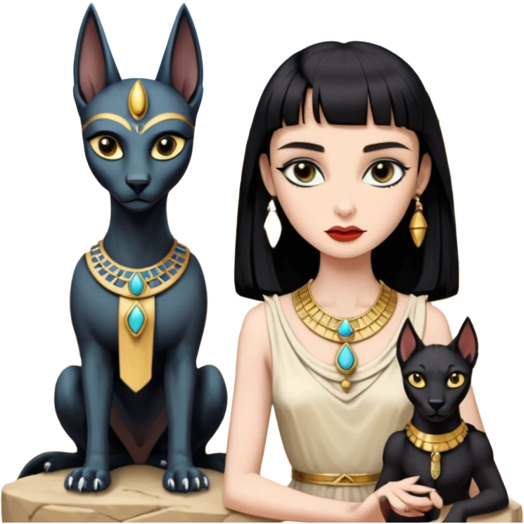 Witchy-mannered real Audrey Hepburn cleopatra Protecting silky black-haired tiny chained-slave-adorned statuette scale feral evil-eyed Anubis dessert scenery stone-age cracked irregular dwelling  emoji