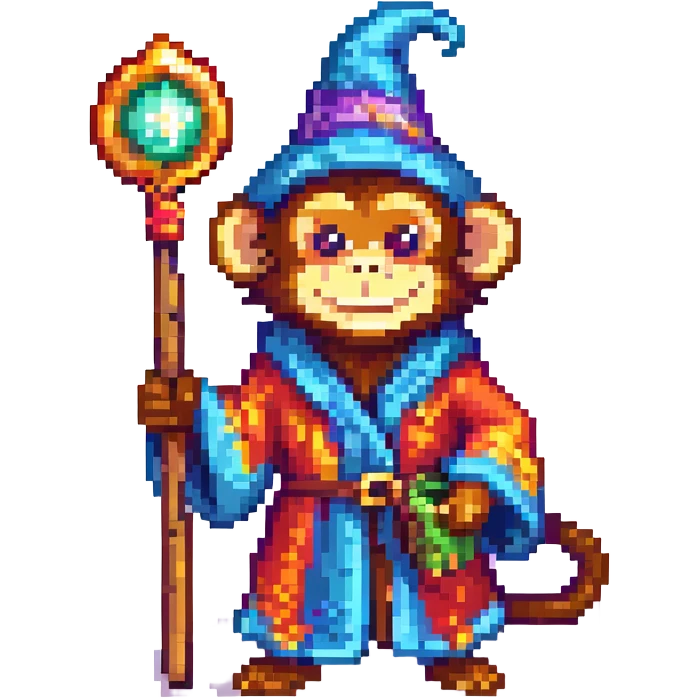 wizard monkey, pixel art style, magical staff, smiling, colorful robe emoji
