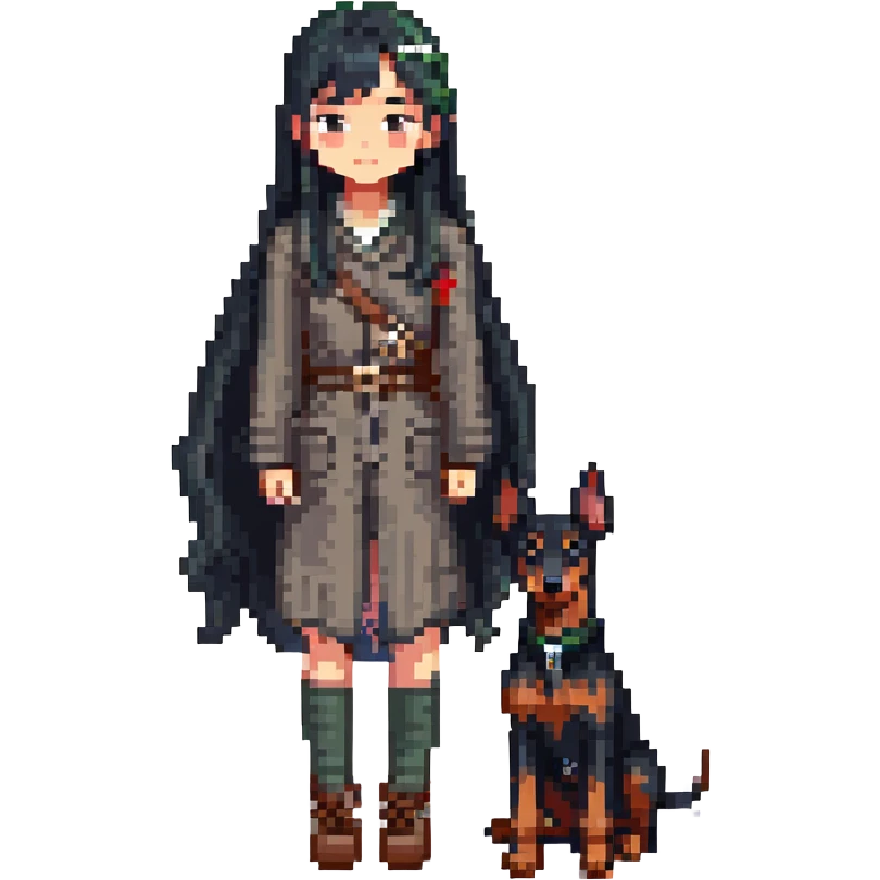 A long black hair Asian girl with a Doberman emoji