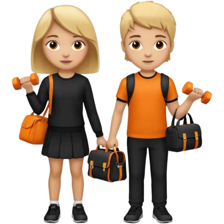 light skin students girl and boy with school bag full of books on hand and dumbell in other hand. Clothes are in black and orange colours. They are going to the gym. They have brown and blonde hair. Dumbell is visible in hand emoji