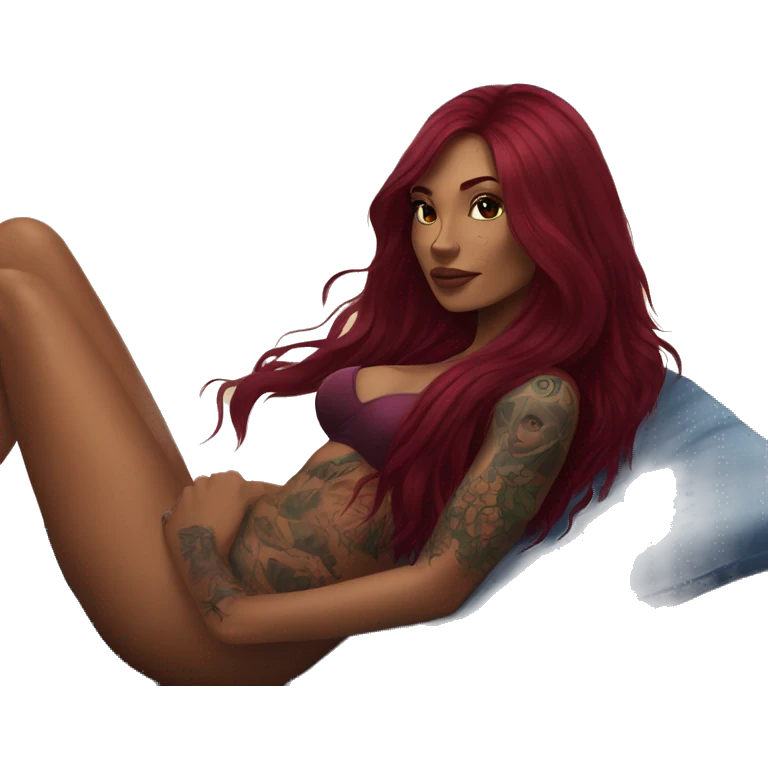 Beautiful tattooed burgundy long haired woman laying on the beach emoji