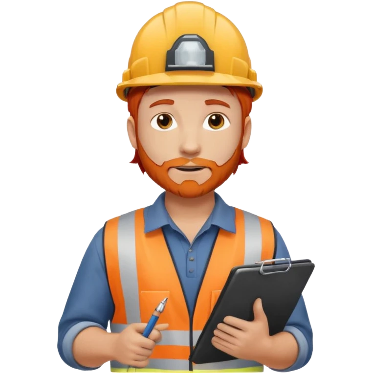 A safety construction worker who is male and has red hair, no beard but slight facial scruff from time to time. He needs a hard hat and maybe a clipboard with a check list for his safety checks. emoji